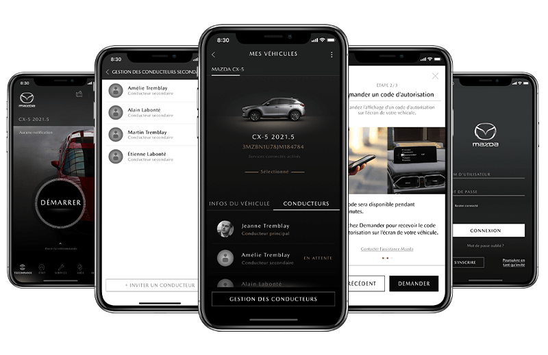 Deux téléphones intelligents affichent les écrans de l’appli MyMazda avec une notification sur l’écran de verrouillage et le bouton de démarrage.   