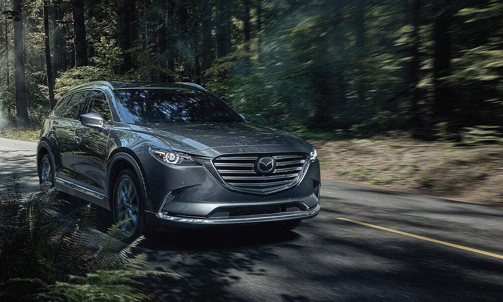 CX-9 approaches along forest road past blurred trees and ferns. 