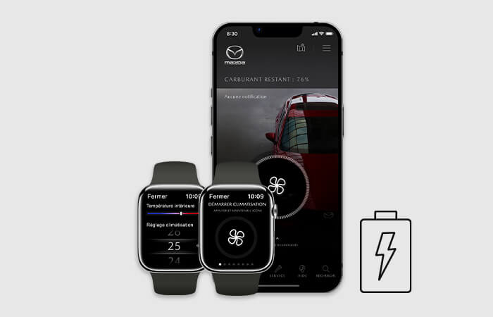 Une montre connectée et un téléphone intelligent affichent une icône de ventilateur dans l’appli MyMazda, une autre montre connectée affiche un indicateur de température et une icône de batterie. 