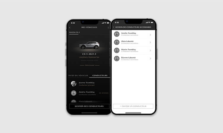 Deux téléphones intelligents affichent l’appli MyMazda avec la liste des conducteurs et les écrans de gestion des conducteurs. 