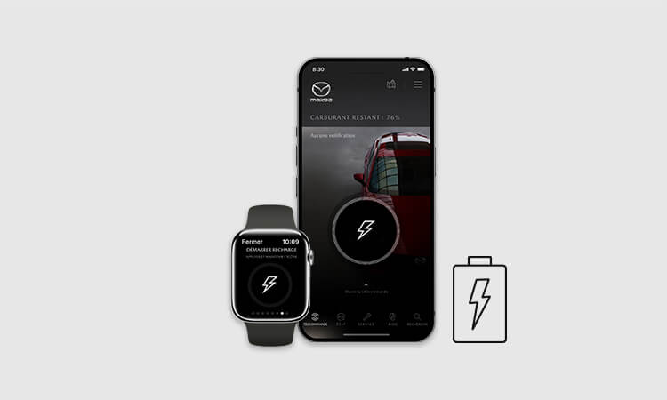 Un téléphone intelligent, une montre connectée et l’illustration d’une batterie affichent tous une icône en forme d’éclair. 